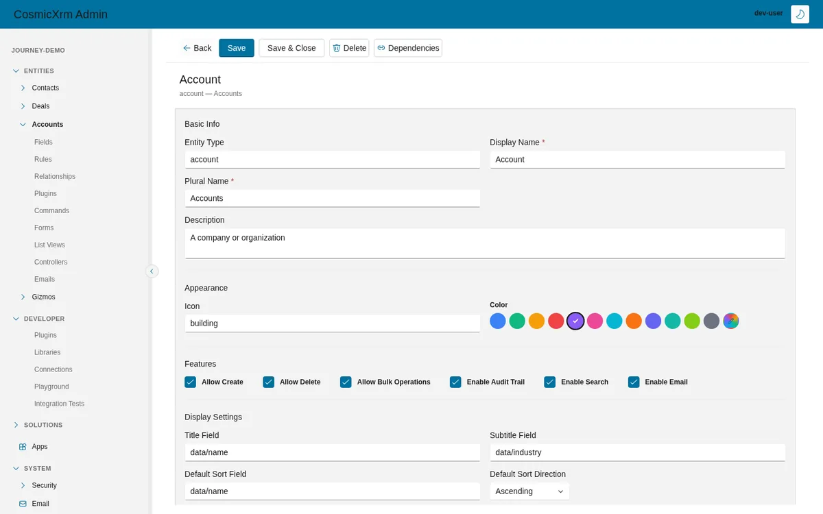 Cosmic XRM admin app showing the Account entity definition with appearance, features, and display settings