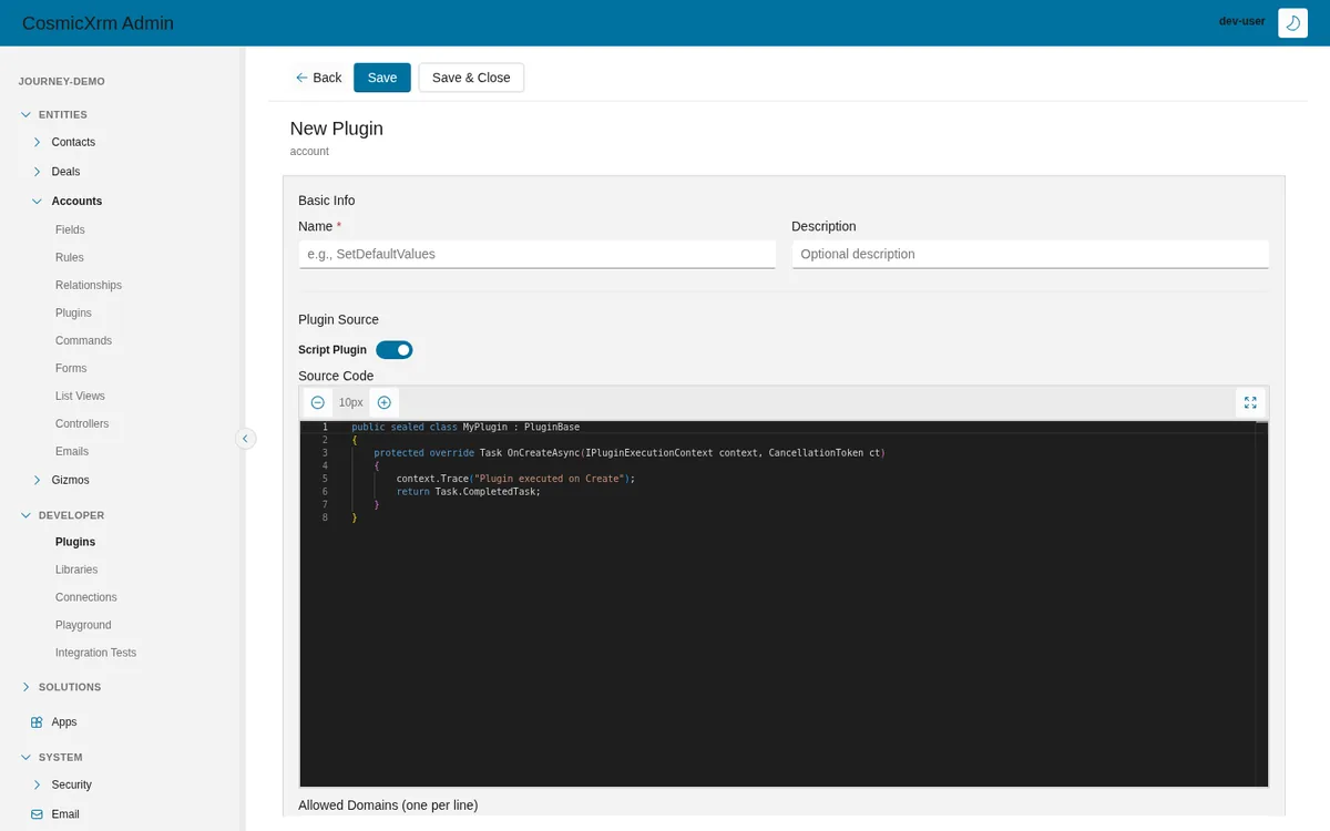 Cosmic XRM admin app showing a new C# plugin being authored in a code editor