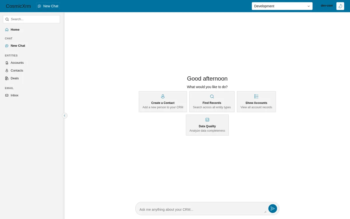 Cosmic XRM end-user app home with chat assistant, entity navigation, and quick actions