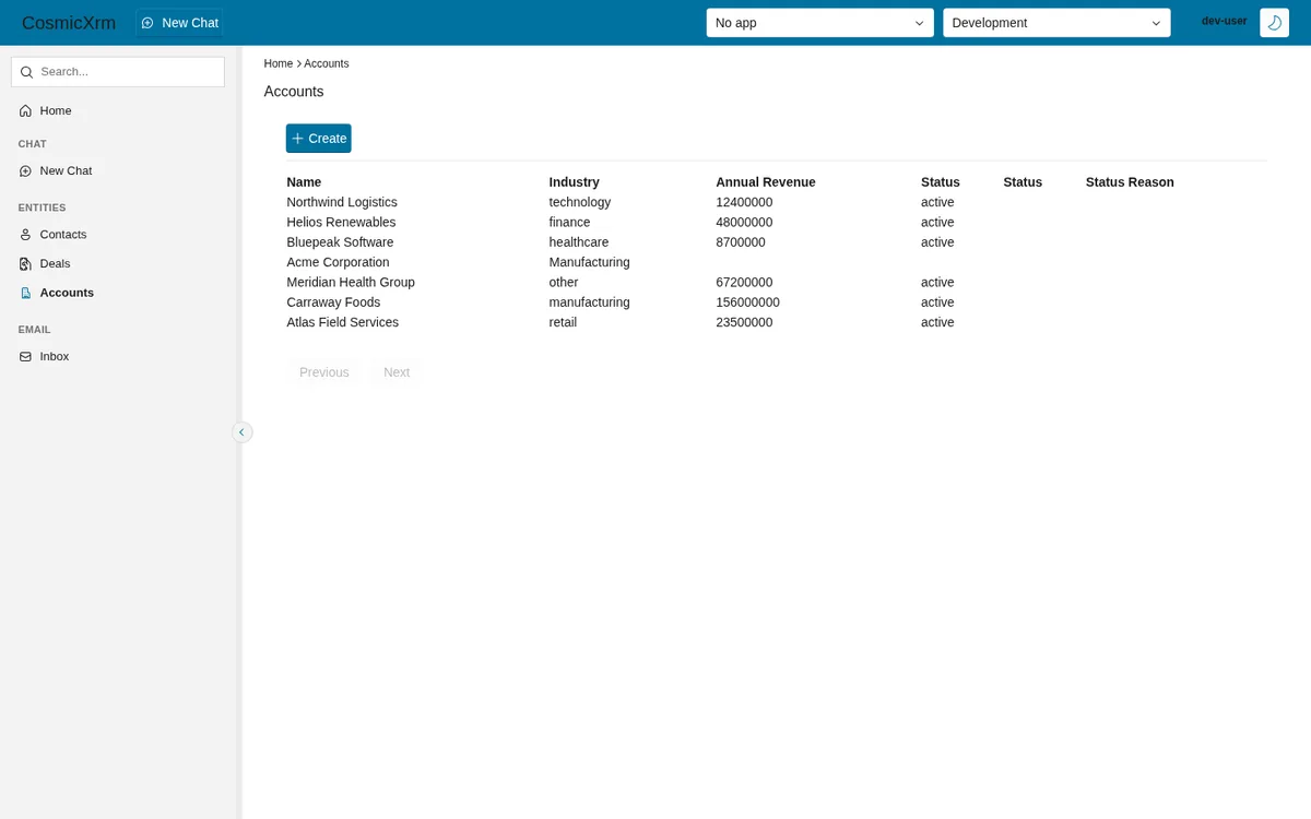 Cosmic XRM end-user app showing an Accounts list generated from metadata