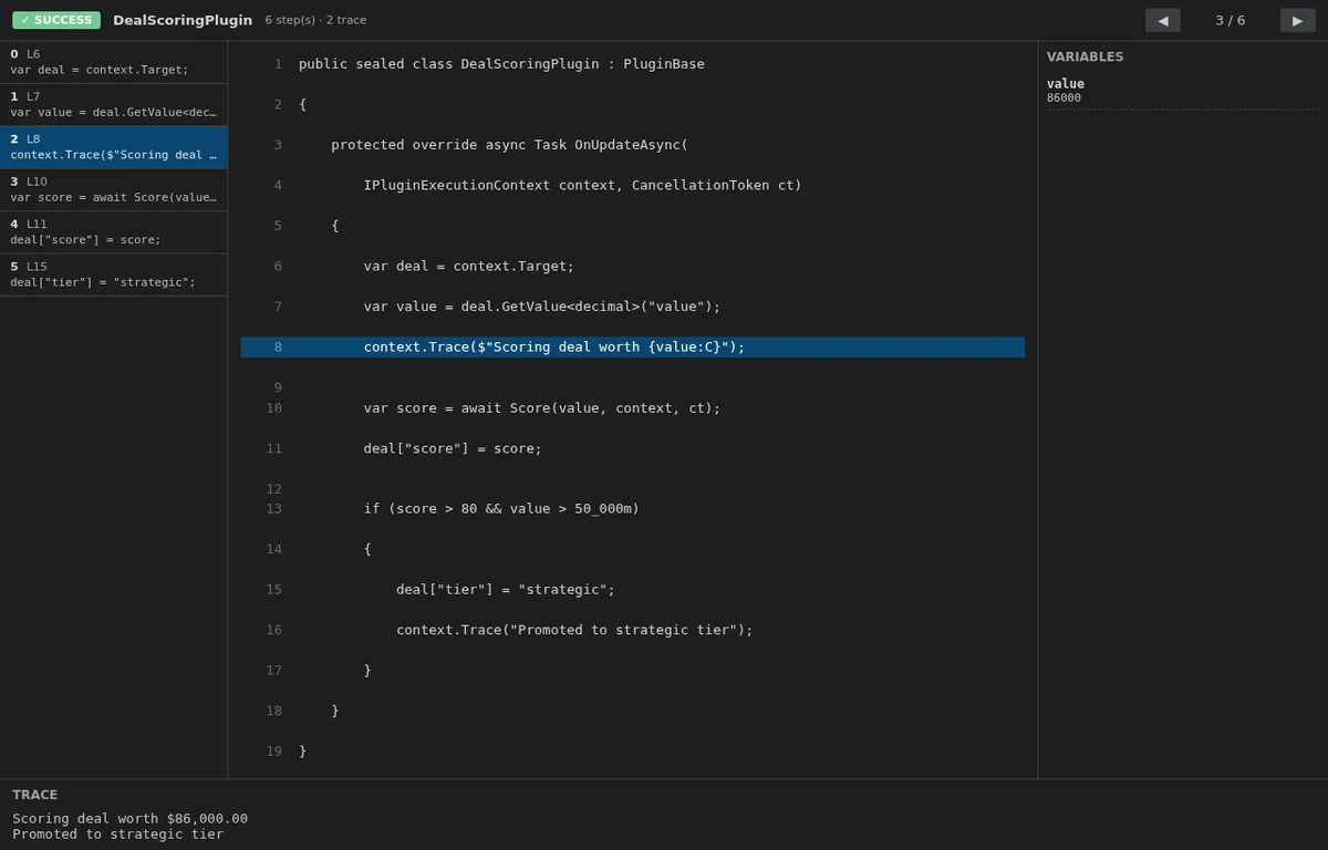 The CosmicXRM time-travel debugger: execution timeline on the left, source with the active line highlighted, variables pane, and trace output